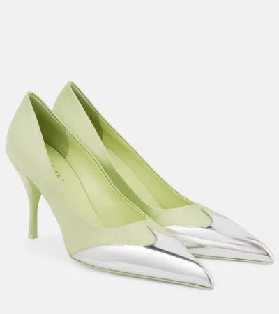 PRADA 85 SATIN AND METALLIC LEATHER PUMPS