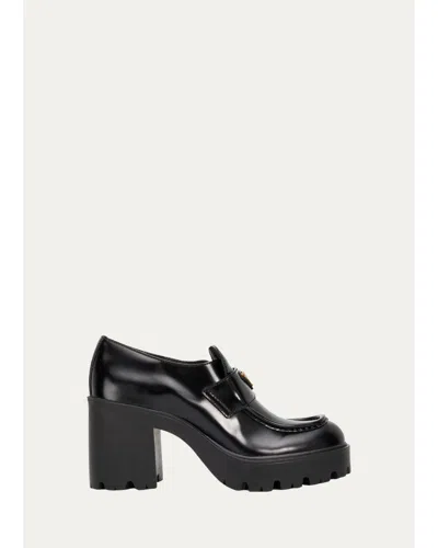 Prada 85mm Triangle Logo Leather Platform Loafers In Black
