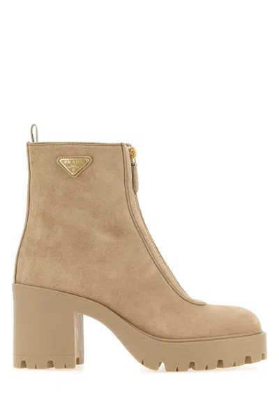 Prada 9 Cm Heel Suede Ankle Boots For Women In Nude