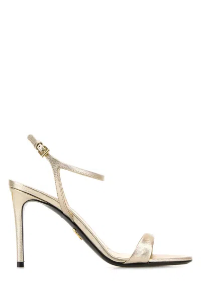 Prada Leather Sandals With Ankle Strap And Thin Heel In Gold