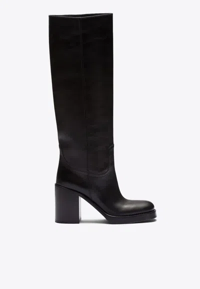 Prada 90mm Knee-high Leather Boots In Nero