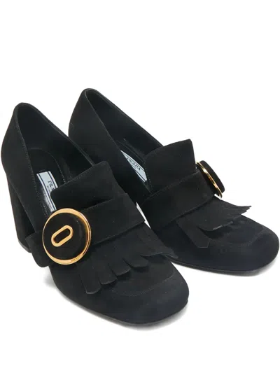 Pre-owned Prada 90mm Fringe-detail Suede Heeled Pumps In Black
