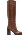 Prada Leather Knee-length Boots Block Heel In Brown