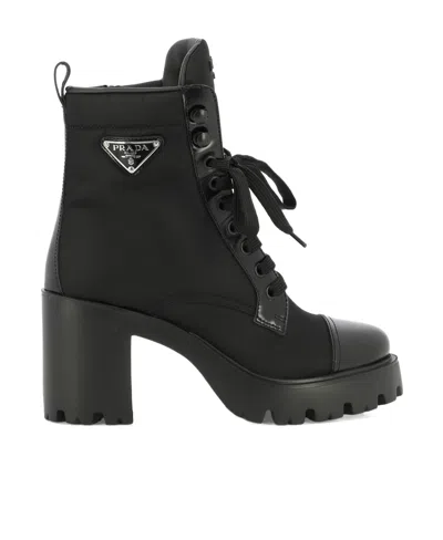 Prada Nylon Lace-up Combat Boots In Black