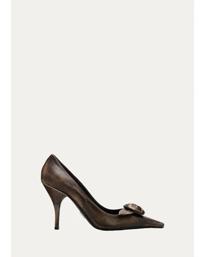 Prada 95mm Rosette Distressed Leather Pumps In Brown