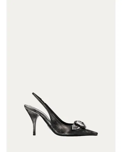 Prada 95mm Rosette Distressed Leather Slingback Pumps In Black