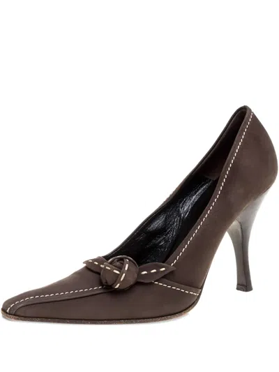 Pre-owned Prada 95mm Stitched Bow Pumps In Brown