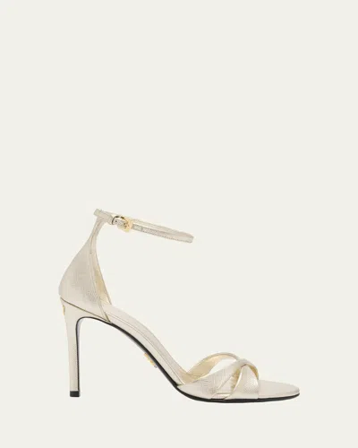 Prada 95mm Vernice Saffiano Leather Ankle-strap Sandals In Metallic