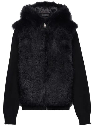 Prada Faux-fur Hooded Cardigan In Black