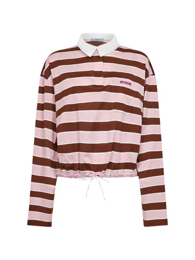 Prada Abbigliamento Alabaster And Tobacco Striped Cotton Cropped Polo Shirt In Brown