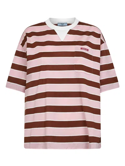 Prada Abbigliamento Alabaster And Tobacco Striped Cotton T-shirt In Pink