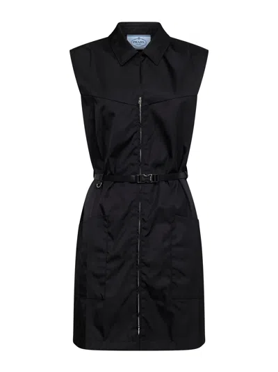 Prada Abbigliamento Black Re-nylon Belted Short Dress