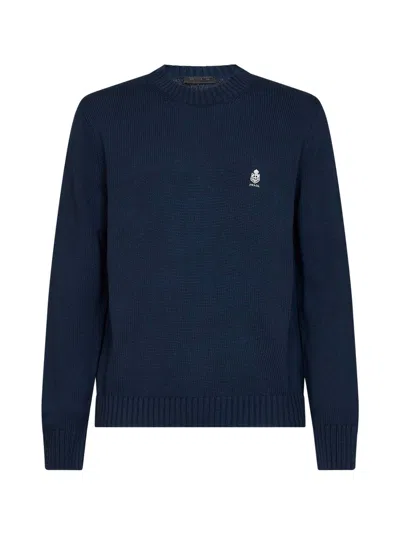 Prada Abbigliamento Blue Cotton Embroidered Crewneck Sweater