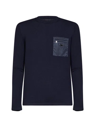 Prada Abbigliamento Blue Wool Knit Sweater With Nylon Pocket