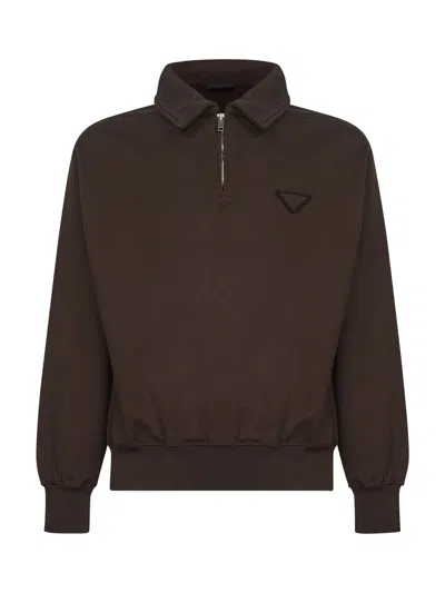 Prada Abbigliamento Brown Cotton Polo Shirt-like Sweatshirt