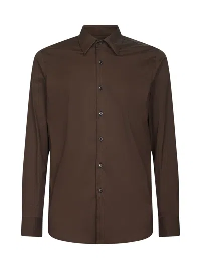 Prada Abbigliamento Brown Stretch Cotton Shirt In White