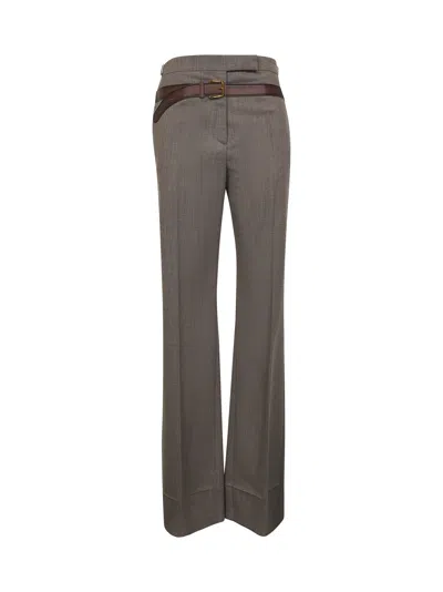 Prada Abbigliamento Brown Tec Wool Printed Belt Trousers In Beige