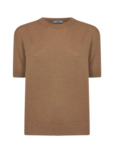 Prada Abbigliamento Camel Cashmere Knit Sweater With Embroidered Scarf
