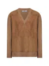 Prada Abbigliamento Camel Wool Blend And Suede Sweater In Brown