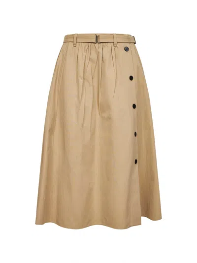 Prada Abbigliamento Cord Cotton Belted Midi Skirt In Sand