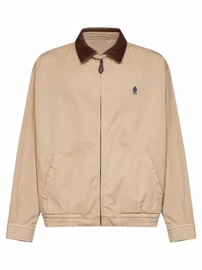 Prada Abbigliamento Cord Cotton Jacket With Leather Details In Sand