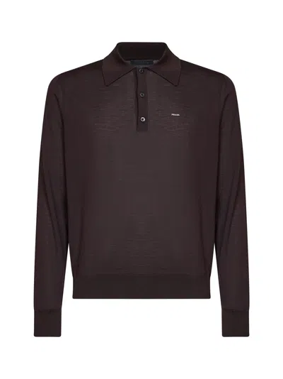 Prada Abbigliamento Dark Brown Combed Wool Long-sleeved Polo Shirt