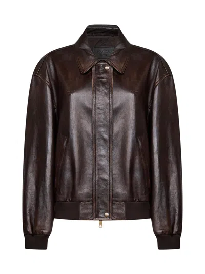 Prada Abbigliamento Dark Brown Vintage-effect Nappa Leather Blouson