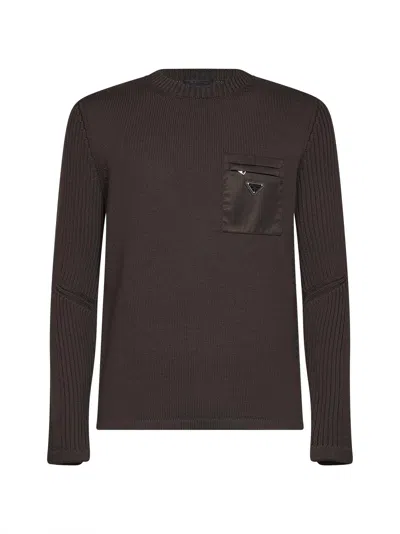 Prada Abbigliamento Dark Brown Wool Knit Sweater With Nylon Pocket