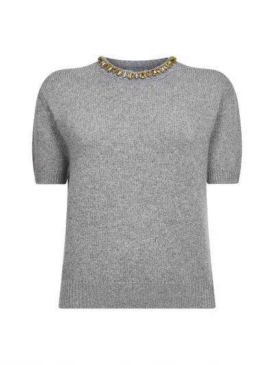 Prada Abbigliamento Grey Wool And Cashmere Crystal Embellished Sweater In Gray