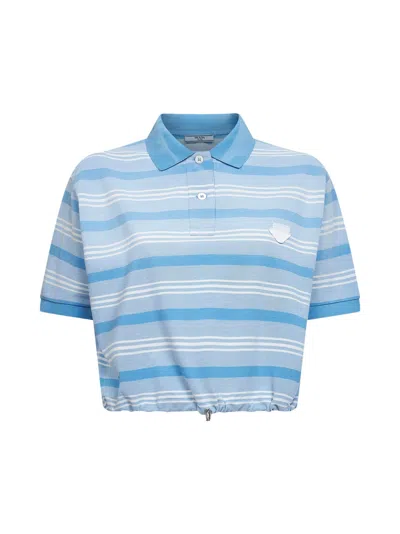 Prada Abbigliamento Light Blue Striped Pique Cropped Polo Shirt In Orange
