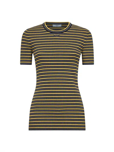 Prada Abbigliamento Navy And Yellow Striped Ribbed Stretch Cotton Knit Sweater
