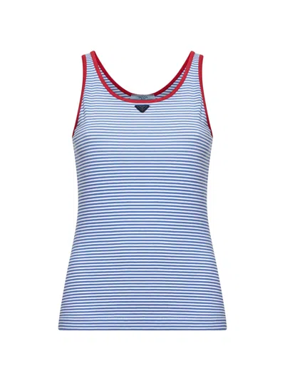 Prada Abbigliamento Periwinkle Blue And Red Striped Cotton Sleeveless Top