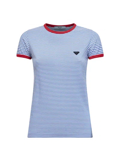Prada Abbigliamento Periwinkle Blue And Red Striped Cotton T-shirt