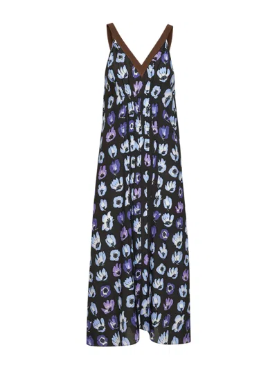 Prada Abbigliamento Purple Viscose Printed Midi Dress In White