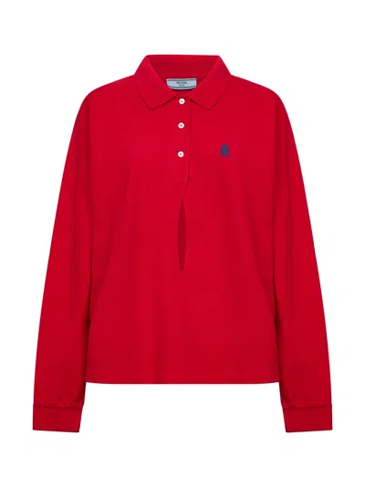 Prada Abbigliamento Red Cotton Piquet Long-sleeved Polo Shirt