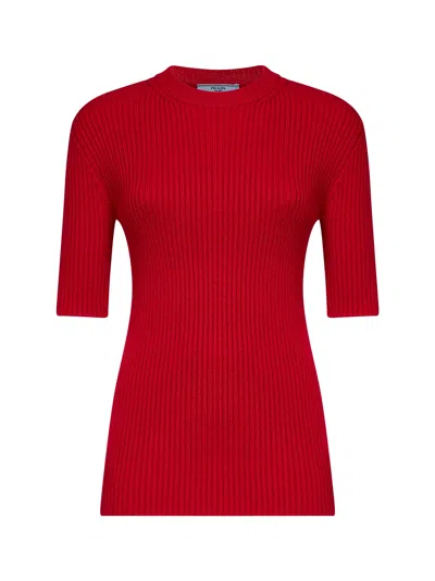 Prada Abbigliamento Red English Rib Stitch Knit Virgin Wool Sweater In Orange