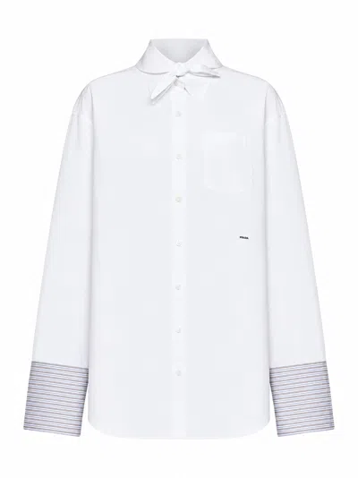 Prada Abbigliamento White Poplin Oversized Shirt With Striped Cuffs In Multicolor
