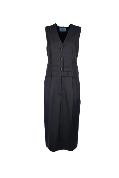 Prada Sleeveless V-neck Wool Dress With Belted Waist In Grey