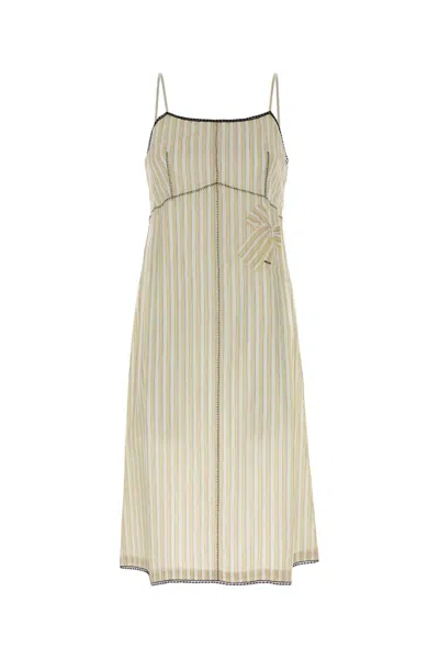 Prada Cupro Midi Dress Striped Spaghetti Bow In Brown