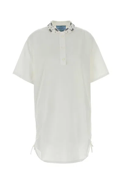 Prada Poplin Polo Dress Relaxed Fit Drawstrings In White