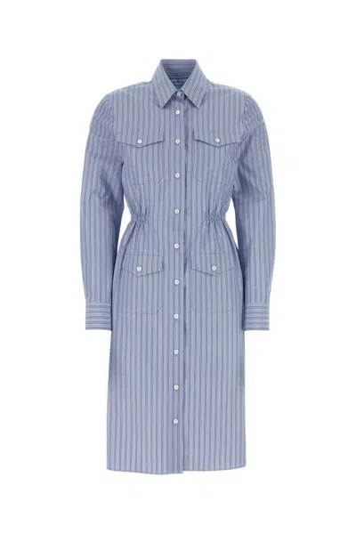 Prada Embroidered Chambray Shirt Dress In Blue