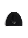 Prada Accessori Pelletteria Black Ribbed Cashmere Beanie In Black