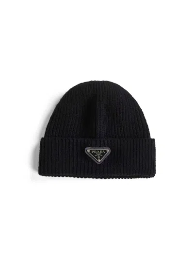 Prada Accessori Pelletteria Black Ribbed Cashmere Beanie