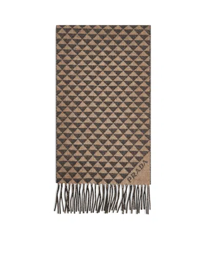 Prada Accessori Pelletteria Double Wool And Cashmere Scarf In Brown