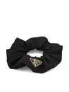 Prada Gathered Black Scrunchie With Triangular Logo Patch In Black