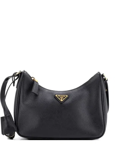 Pre-owned Prada Adjustable Handle Zip Saffiano Leather Mini Hobo Bag In Black