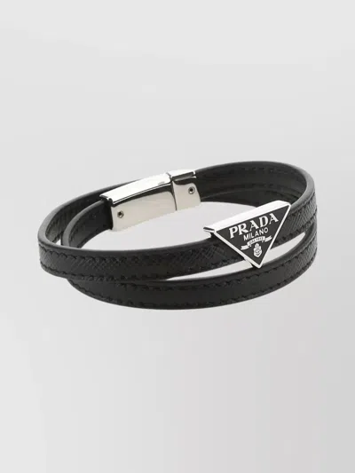 Prada Adjustable Two-row Leather Bracelet In Black
