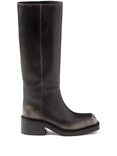 Prada Aged Effect 55mm Leather Boots In Black