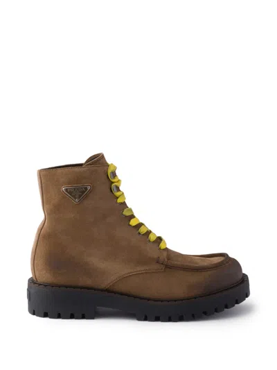 Prada Aged Suede Lace-up Ankle Boots In Brown