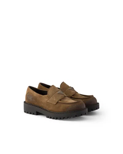 Prada Aged Suede Loafers In Brown